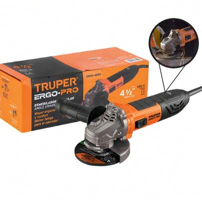 Esmeriladora angular 4-1/2", 950W, TRUPER ERGO PRO Motor de 950 W, montado sobre balero de bolas para mayor vida útil y mejor desempeño  Mango auxiliar ajustable a 3 posiciones para mayor control  Cuerpo delgado y ligero, ideal para trabajos de instalación de pisos  Cómodo botón de accionamiento con función de uso continuo  Para esmerilar y cortar acero, ladrillos, azulejos y piedra Mango ajustable a 3 posiciones   Mayor ergonomía y confort que reduce la fatiga  Luz LED que indica encendido Potencia  950 W  Velocidad  12,000 rpm  Tensión / Frecuencia  127 V / 60 Hz  Largo de cable  1.7 m  Ciclo de trabajo  30 minutos de trabajo por 15 minutos de descanso. Máximo diario 3 horas  Diámetro del disco  4 1/2" (115 mm)  Eje  5/8 - 11 UNC-1A (Compatible con cardas de la velocidad indicada para cada máquina)  Consumo  7 A  Dimensiones (Largo x Alto)  28 cm x 11 cm  Peso  2.1 kg Disco abrasivo de 4 1/2" para desbaste de metal  Mango auxiliar  Bridas  Guarda de protección  Llave de dos puntas