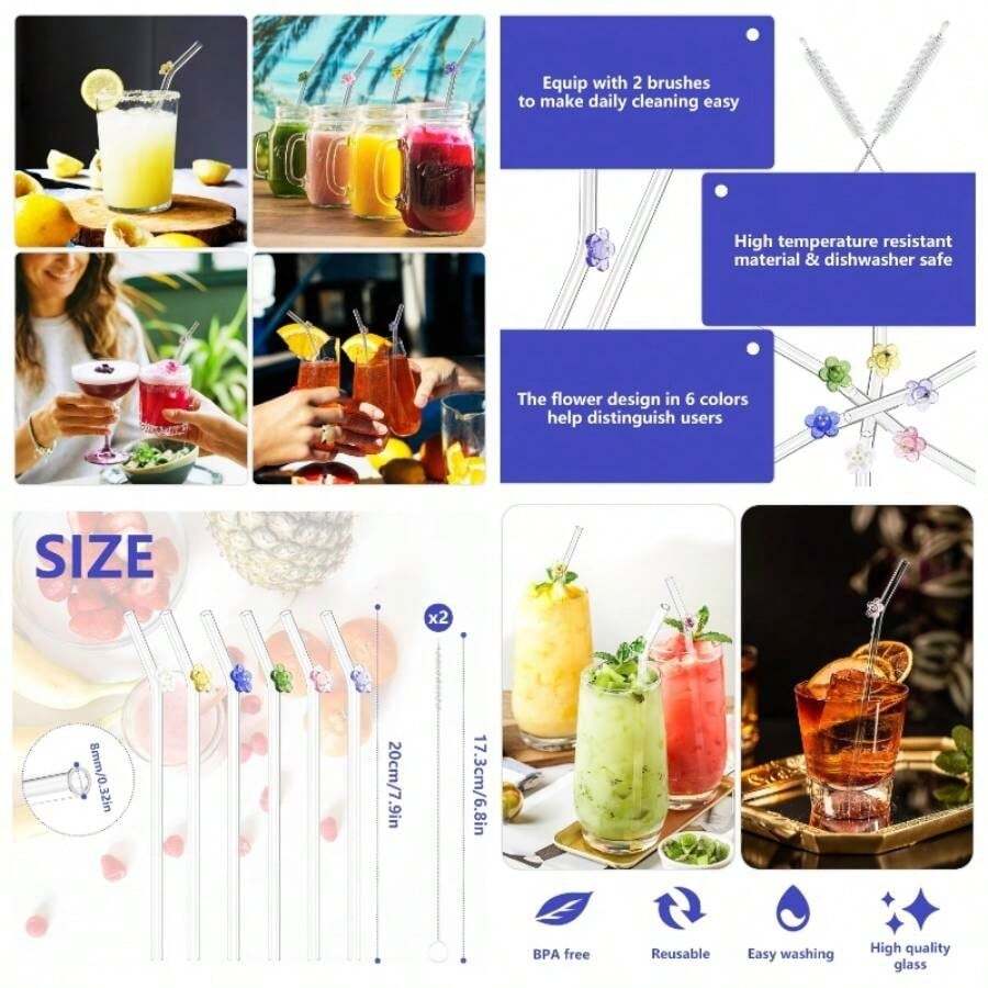 6 Piezas Popotes Reutilizables con 2 Cepillo Limpiador Flores Pegajosas Cristal Dobladas Popotes para Batidos Bebidas Jugos Refrescos Calientes Fras Ccteles Caf - Transparente - Ver 1