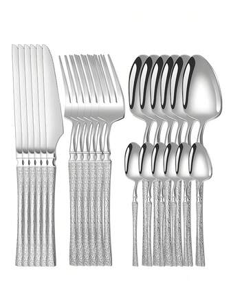 4/16/24件套不锈钢银色腰形西式牛排刀、叉、勺餐具套装，适用于餐厅、家庭、聚会、自助餐、礼品