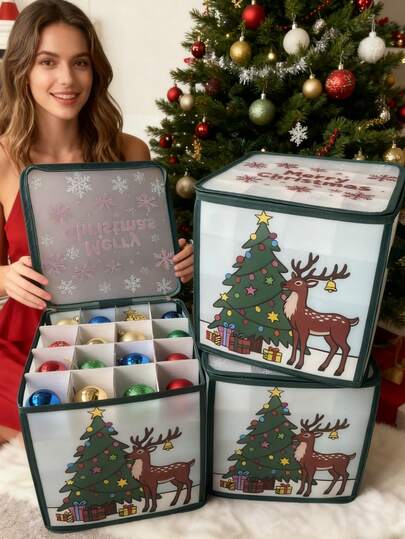 64-Capacity Christmas Ball Storage Box, Waterproof & Durable Christmas Ornament Storage Container, Stackable Multi-Layer Space-Saving Design, Christmas Themed Reindeer & Christmas Tree Pattern