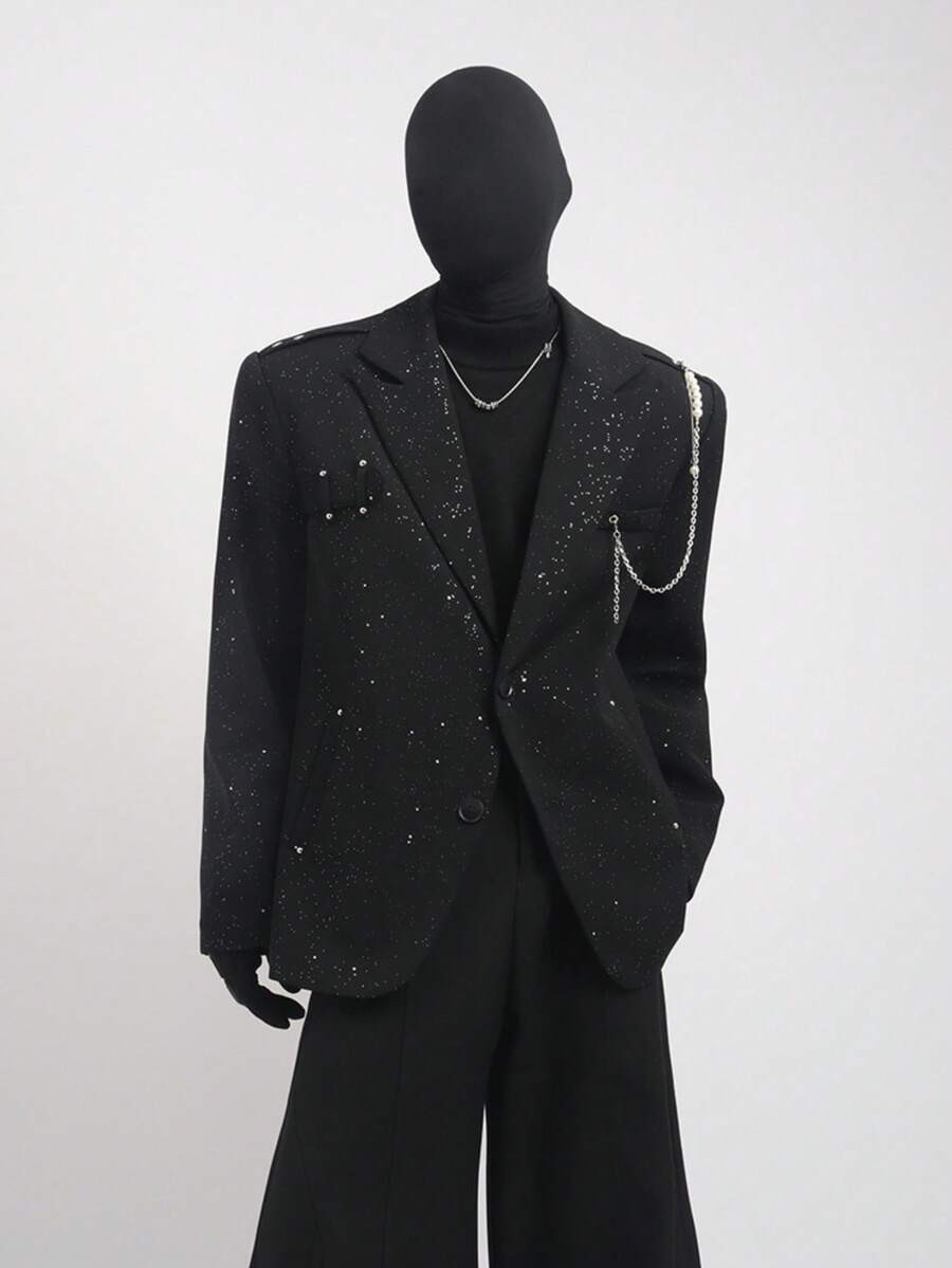 New Niche Design Pearl Chain Black Suit Jacket For Men's Spring And Autumn Loose And Versatile Casual Suit - 黑色 - 查看 1