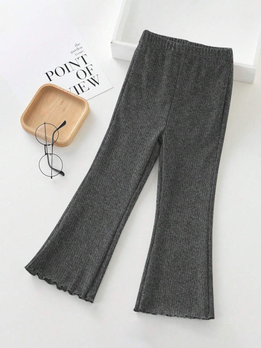 女童纯色竖条纹高弹舒适公主风长款打底裤，春夏新款喇叭裤，女童褶裥喇叭裤高腰弹力荷叶边长裤，少女休闲百搭阔腿裤 - 灰色 - 查看 1