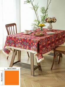 1pc Bohemian Style Red Geometric Jacquard Tablecloth With Natural Tassel, Rectangular Tablecloth For Dining Table, Coffee Table, TV Stand, Entryway, Suitable For Holiday Gatherings, Birthday Parties, Weddings, Dining Room, Living Room, Office, All Seasons - Red - View 19
