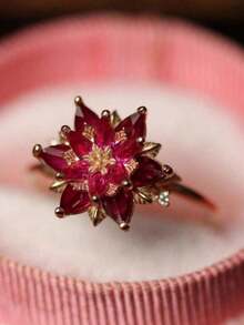 1pc Vintage Handmade Red Cubic Zirconia Lotus Flower Engagement Ring For Women Unique Golden Silvery Ring Birthstone Floral Ring Party Jewelry Mother's Day Gift MBQV - 金色 - 查看 2