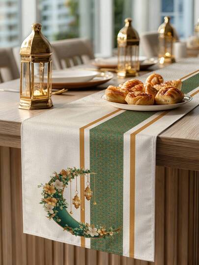 1pc Ramadan Crescent Moon Pattern Table Runner, Ramadan Home Decor Table Runner, Islamic Home Decor, 1pc Table Runner, 4pcs Placemats, 1pc Cushion Cover, 3 Products Available, Home Decor Indoor/Outdoor Party Supplies, Room Decoration. Suitable For Ramadan Home Kitchen Decor And Ramadan Event Party Decoration