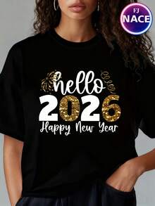 Men&Women's Hello 2026 Happy New Year T-Shirt - Red With Golden Lettering & Confetti Print, Loose-Fit Casual Round Neck Short Sleeve Top For 2026 Celebrations, New Year'S Eve Party Outfit, Spring Summer Fall Comfortable Casual Attire (Goodbye 2025 Hello - Black - View 1