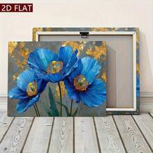 2D Flat, 1pc Blue Poppy Flowers Oil Painting On Canvas - Hand-Painted Textured Look With Golden Accent Dark Green & Blue Hues, Wooden Framed Wall Art For Living Room, Bedroom, Office Decor - Winter/Autumn Seasonal Home Decoration, Ready-To-Hang (No Electricity Needed) - Elegant Blue Floral Wall Hanging For Modern & Traditional Interiors, Wall Paintings For Living Room - 彩色 - 查看 7
