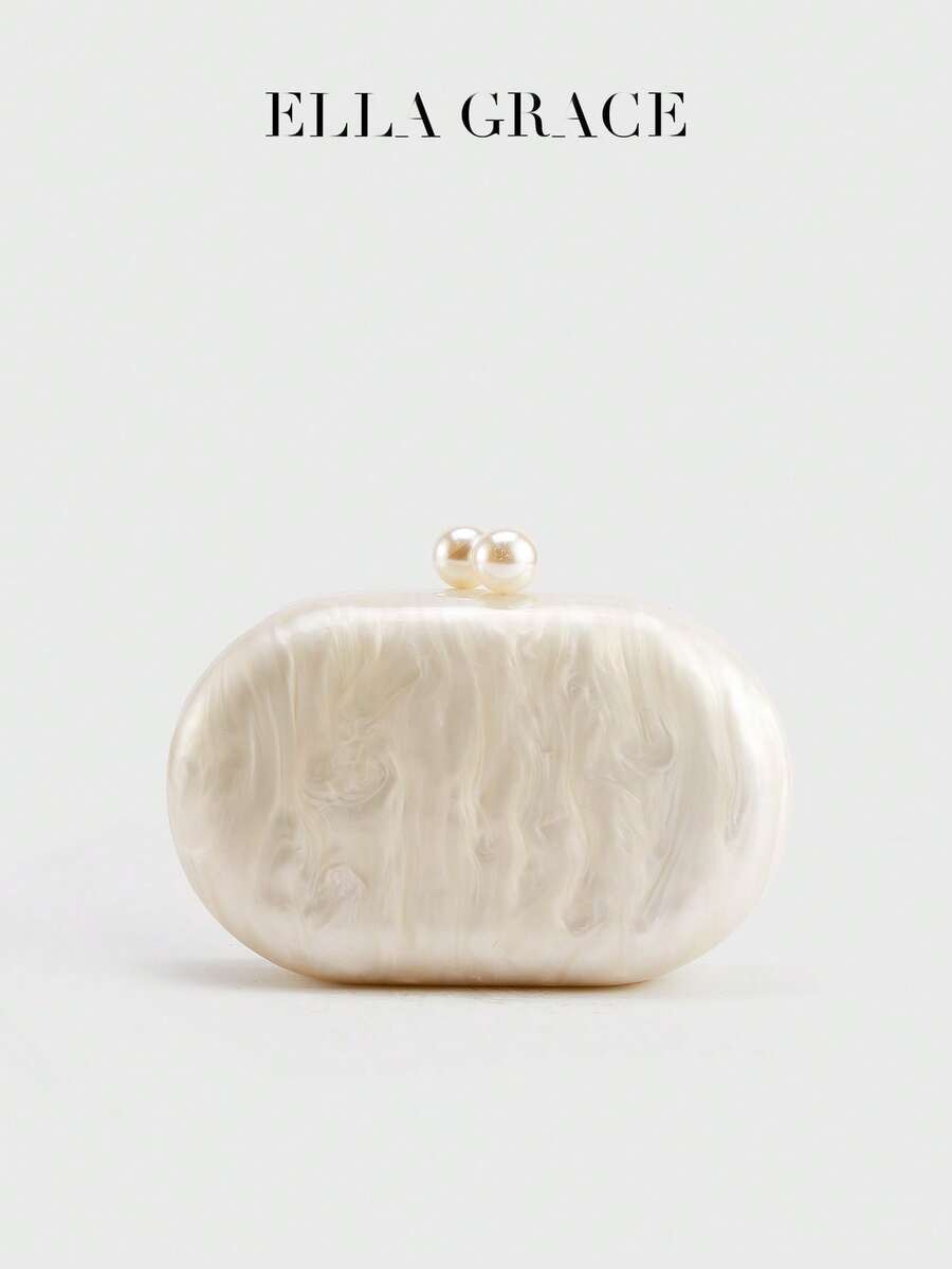 ELLA GRACE - Pearl Handle Acrylic Women's Evening Clutch Bag, Pearl Texture Party Handbag With Chain, Elegant Wedding Prom Purse, Ladies Bag, Women's Gift - Champagne - View 1