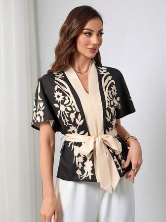 女士优雅印花撞色V领系带端庄上衣，夏季