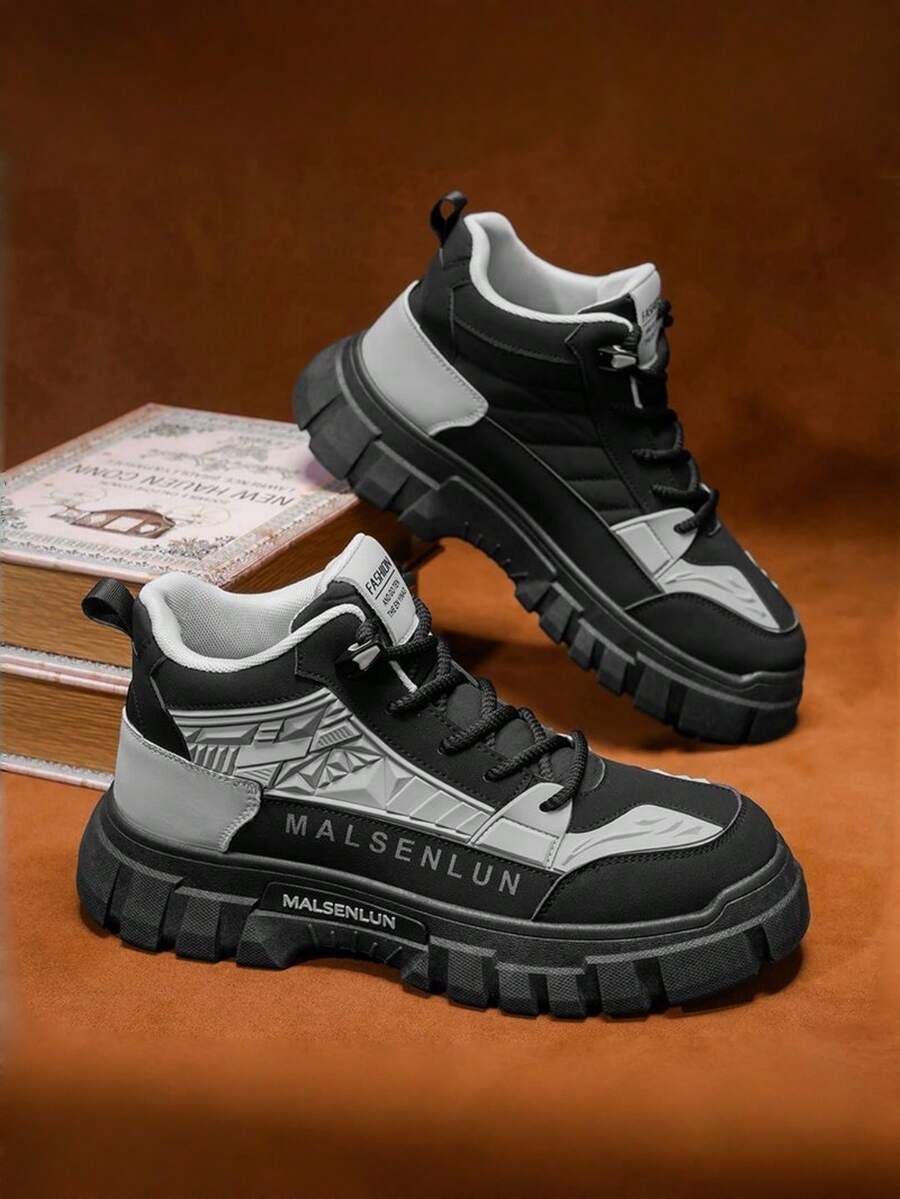 Men's Autumn/Winter New British Style Anti-Slip Increased Height Work Boots, Multi-Function Thick Sole Outdoor Hiking High-Top Boots - Black and Gray - View 1