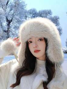 1pc Plush Women's Hat, Fashionable Outdoor Warm Ear Protection Beanie, Handmade, Faux Fur, Cute Solid Color, Polyester Fleece, Suitable For Holidays And Gifts, Autumn/Winter - A - View 6