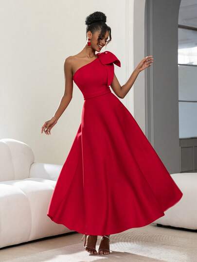 Faeriesty 红色时尚优雅单肩中长款派对礼服，饰有醒目的大蝴蝶结，A字裙摆，修身剪裁——优雅正式的晚宴礼服，适合晚会、婚礼、舞会和高端新年派对，当然也适合情人节和各种派对。