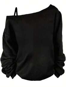 Black Off-The-Shoulder Sweatshirt With Bold Brown Bear Graphic 'BEAR DOWN CHICAGO' - Loose Gathered Sleeves & Single Black Strap,  Casual Design For Chicago Sports Fans- Winter Clothes For Women,New Years Outfit Women,Christmas Outfit - Women's Winter Outfits: Elegant Conjunto De Mujeres + Flowy Top, Blusas & Top Negro - màu đen - Xem 2