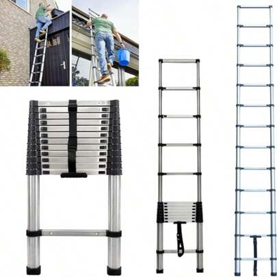 Royalswill 2.6m–5m Portable Steel Telescopic Ladder, Multi-Purpose Folding Telescopic Ladder, Height-Adjustable, Load Capacity 150kg, Suitable For Garage And Warehouse DIY, Elevated Work, And Outdoor Professionals