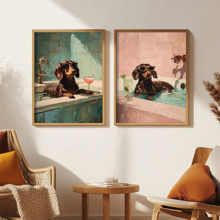 趣味腊肠犬洗澡主题墙饰两件套，腊肠犬图案，浴室装饰画，腊肠犬泡澡，狗狗鸡尾酒海报，腊肠犬洗澡艺术画，狗狗喝酒海报，家居装饰客厅，墙面装饰，无框 - 彩色 - 查看 1