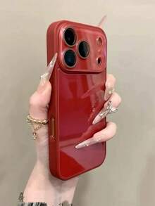 亮面復古紅色玻璃紋理手機殼，適用於 iPhone 17 Pro Max、New 17、16 Pro、14、13、15、12，全包防摔保護殼附鏡頭膜，女性風格，顯膚色 - 紅色 - 查看 3