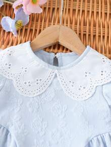 Girls' Light Blue Jacquard Doll Dress, Hollow Out Collar Ruffle Trim Short Sleeve Dress, Suitable For Everyday Wear
