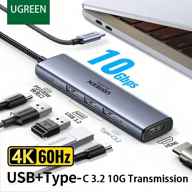 UGREEN CM511 Type-C 6-In-1 Dock: USB 3.2 Port, 4K 60Hz HDMI Interface, Thunderbolt 3 Technology, Fully Compatible With Laptops And Tablets, Silver.
