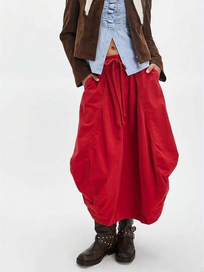 Women Poplin Maxi Skirt Baggy Drawstring Mid Rise Parachute Skirt Cargo Maxi Long Skirts, With Pockets