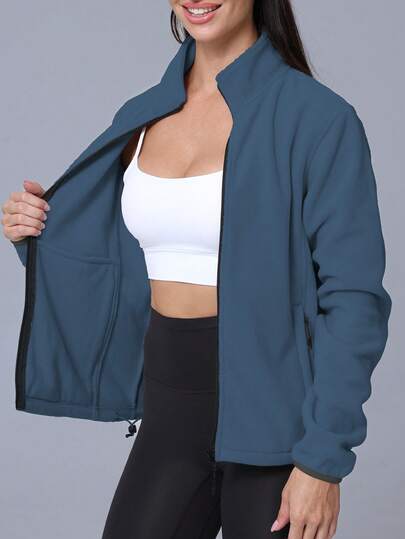 RUNONWHEELS 5 Chaqueta de forro polar suave y cálida con cremallera completa para mujer, chaqueta forrada de borreguito, chaqueta bomber casual con cremallera y manga larga de piel sintética, cálida para exteriores, ropa deportiva para primavera, otoño e invierno