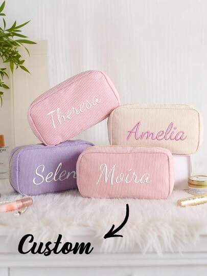 Personalisierte Make-up Tasche - Individualisierte Name Make-up Tasche, Personalisierte Cord-Samt Make-up Tasche, Kulturbeutel, Brautjungfer Tasche nach Geburtsmonat, Geschenk für Brautparty, Junggesellinnenabschied Gastgeschenk, Brautjungfer Geschenk Buchstabe, Multifunktional, Großer Stauraum, Praktisch, Faltbar, Nützlich, Mehrzweck, Minimalistisch, Niedlich, Urlaubs-/Lässig-Stil, Basic, Grell Pink, Navy Blau