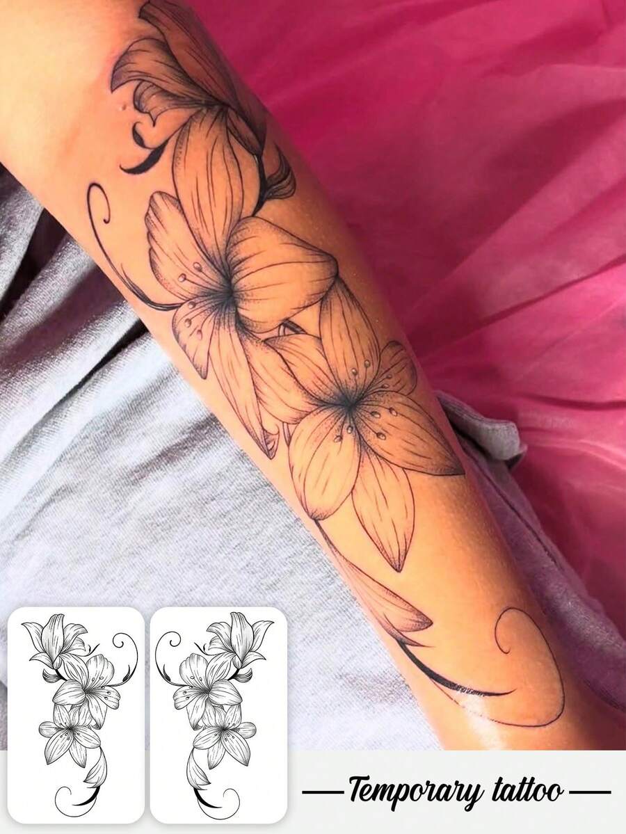2 Packs Temporary Tattoo Stickers, 1 Regular Design & 1 Herbal Design, Both Feature Delicate Black Line Art Depicting Realistic Lily Flower Patterns, Suitable For Parties, Weddings And Special Occasions. Floral Themed Temporary Tattoos, Party Accessories, Naturally Inspired Design. - Black - View 1