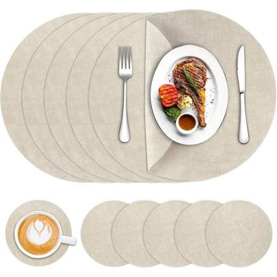 Manteles Individuales para Mesa, Juego de 6 Tapetes para Mesa de Comedor de PVC Impermeables, Manteles Individuales para Hotel y Cafetería, Individuales para Mesa con Posavasos (Beige)