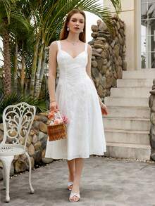 PARTHEA 女士白色刺绣吊带中长连衣裙，喇叭裙摆，可爱优雅，适合各种场合 - 白色 - 查看 8