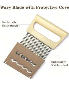 Crinkle Cut French Fry Cutter With Wavy Blade, 3.89 Inch Stainless Steel Blade, Vegetable Slicer With Protective Cover (Beige) - Multicolor - View 6