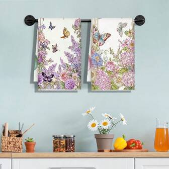 2pcs Floral Kitchen Towels, Butterfly & Wild Flower Dish Cloths, Seasonal Decorative Hand Towels, Multipurpose For Home Kitchen, Cooking, Baking, Cleaning