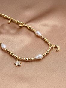 1 pieza Tobillera con diseño de estrella y luna de perla natural chapada en oro de 18K para mujeres - Amarillo Oro - Ver 2