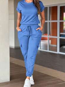 Bộ áo liền quần cổ tròn Vaiaye dành cho nữ - Áo tay ngắn ôm dáng và quần dài, phù hợp cho tập thể dục, mặc thường ngày, thể thao ngoài trời đa năng gợi cảm, áo liền quần dệt kim dài tay mùa xuân, quà tặng ngày Valentine mùa hè - Màu xanh lam - Xem 2