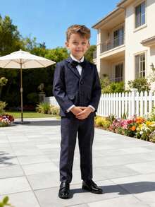 3pcs Tween Boy Plaid Suit Set, Autumn/Winter, Pageboy Outfit For Wedding, Baby's 1st Birthday, Piano Recital (Jacket + Pants + Bowtie) - Grey - View 8
