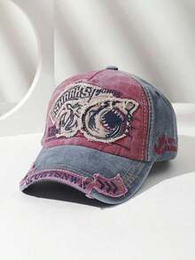1pc Men's New Washed Shark Embroidery Outdoor Sports Baseball Cap, Street Style Large Circumference - 深藍色 - 查看 1