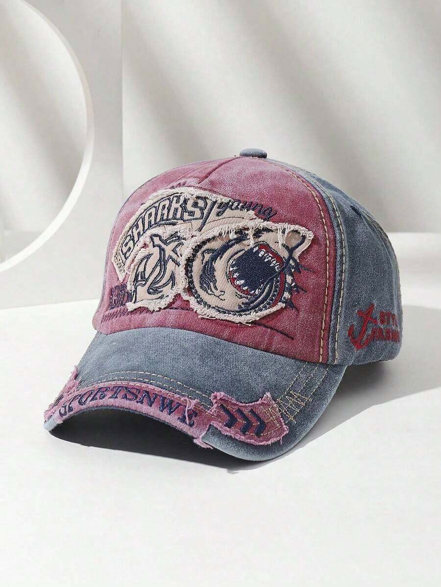 1pc Men's New Washed Shark Embroidery Outdoor Sports Baseball Cap, Street Style Large Circumference - 深藍色 - 查看 1