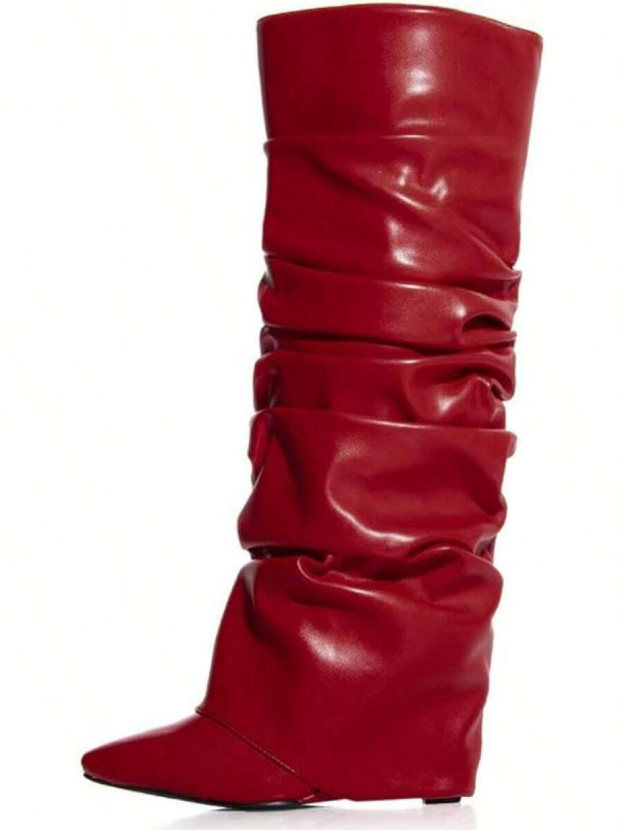 Women's Slouched Ruched Fold Over Boots - Patent Leather Covered Wedge Heel Wide Calf Pointed Toe Knee High Casual Boots - Burgundy - View 1