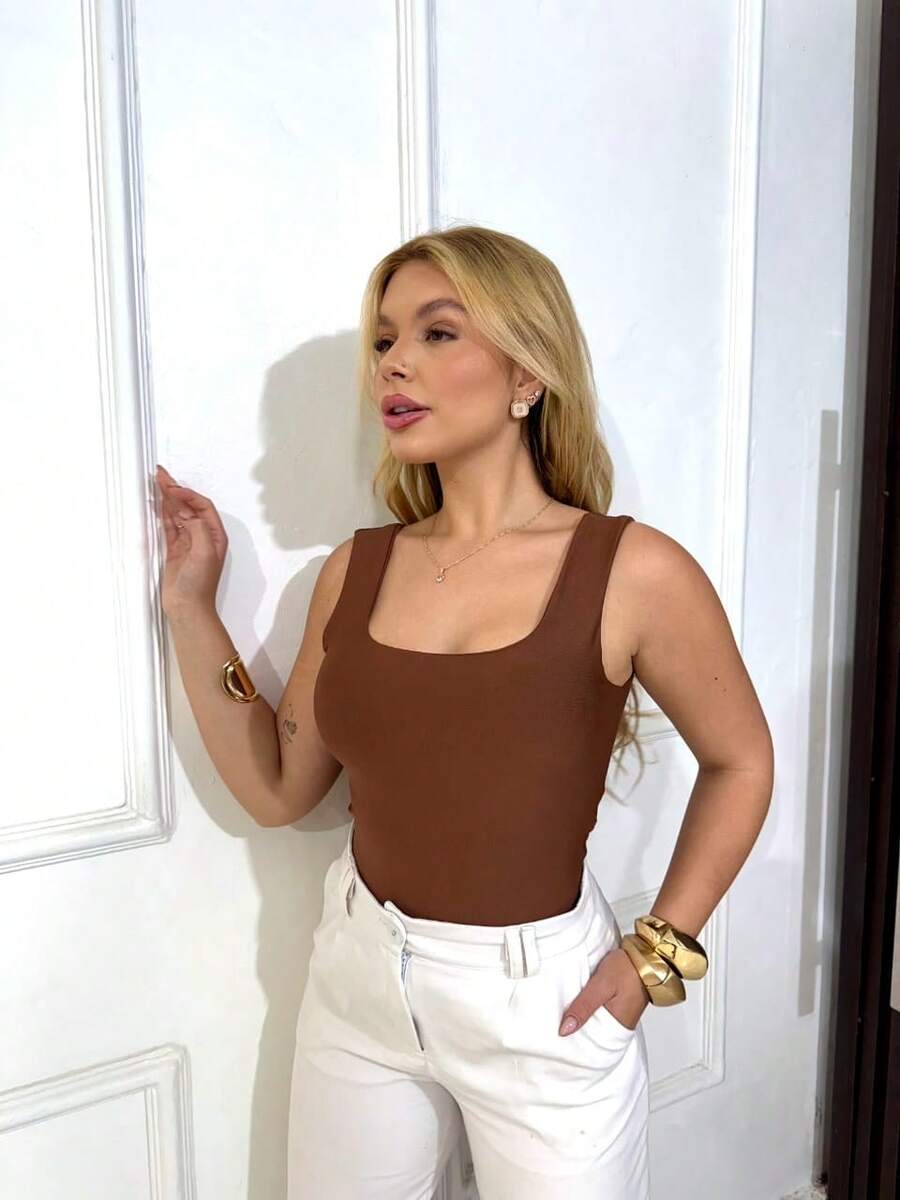 Tank Top With Square Neckline In Front And Back, Suplex Fabric Summer - Rỉ Nâu - Xem 1