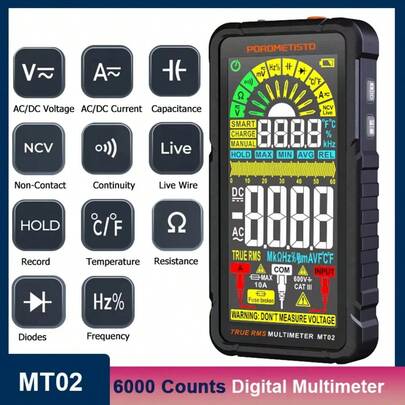  Multímetro digital inteligente POROMETISTO MT02 de 6000 recuentos, con función NCV, recargable, para medir voltaje, resistencia, capacitancia y frecuencia
