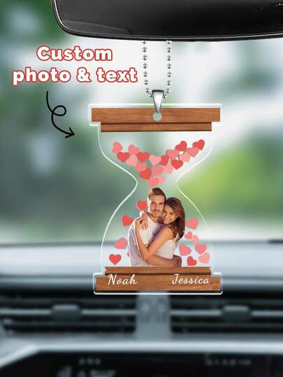1pc Custom Couple Photo And Text Personalized Sandglass - Gift For Couple - Personalized Acrylic Car Hanger Upload Photo Couple Ornament, Personalized Photo Rear View Mirror Acrylic Sandglass Accessory,Valentine'S Day Gift For Husband Wife, Anniversary,Personalized Gifts