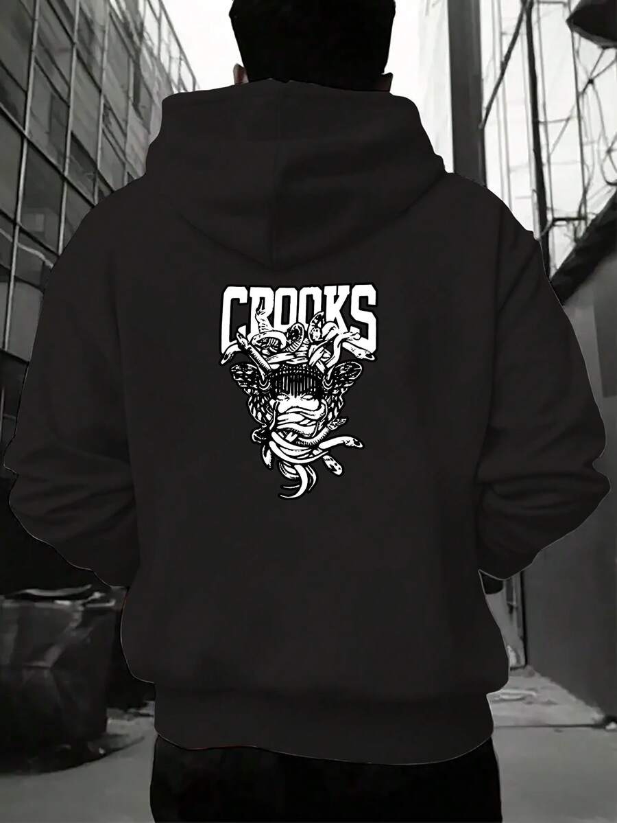 sweat-shirt à capuche imprimé pour hommes - Mode décontractée avec poche kangourou, cordon de serrage, mélange de polyester, convient pour le port extérieur en automne et en hiver - Noir - Voir 1