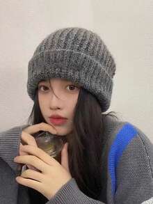 1顶女士冬季针织帽，韩版加厚保暖毛线帽，秋冬休闲纯色针织帽，防风百搭 - 帽子 - 查看 3