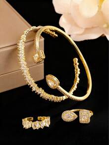 Set de 4 piezas de pulsera y anillo con gota asimétrica geométrica de cielo estrellado de circonita, joyería minimalista de alta gama unisex - Juego de cuatro piezas - Ver 2