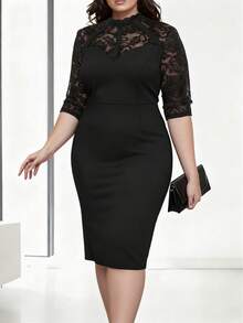 HOMEYEE Vintage Lace Patchwork Stand Collar 3/4 Sleeve Bodycon Dress, Elegant Office Lady Business Casual Wear, Plus Size Black Summer - 黑色 - 查看 1