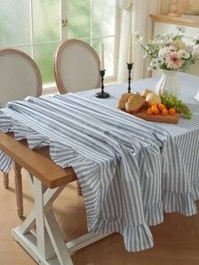 1pc Japanese Style Floral Rectangular Tablecloth, Suitable For 4-6 People, Great For Home Parties, Outdoor Weddings, Small Gardens, Kitchen & Dining Room Decor - Yarn-dyed Blue Striped Lotus Edge - View 5