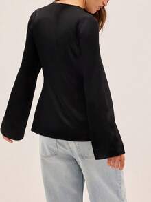 新款时尚优雅V领蝴蝶结休闲长袖衬衫，适合度假、旅行、乡村音乐会等各种场合，四季皆宜。 - 黑色 - 查看 2