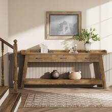 Tribesigns 70.9-Inch Extra Long Sofa Console Table With 3 Drawers, 2-Tier Farmhouse Entryway Table With Raised Baffle And Storage Shelves For Living Room, Couch, Hallway, Foyer, Entrance, Rustic Brown - 質樸棕色 - 查看 8