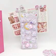 1pc/Soft And Squishy, Just Want To Squeeze! Pink-Purple 3D Flocking Stickers: Bunnies Hugging Hearts, Little Bears Lying On The Moon, Each One A Cute, Healing Item That Seems To Release Pink Bubbles, A Delightful Treasure To Sprinkle A Girlish Touch Into Your Planner. - Multicolor - View 13