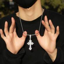 Cross Pendant, Fashionable Copper-Set Cubic Zirconia Men's Necklace, Hip-Hop Jewelry, Stackable Jewelry. - Đơn ba trong một - Xem 3