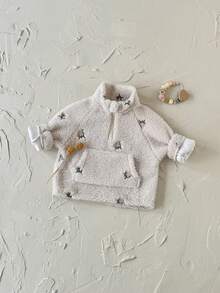 Baby Girls' Floral Embroidery Fleece Collar Raglan Sleeve Zip-Up Warm Jacket, Winter - Apricot - View 8