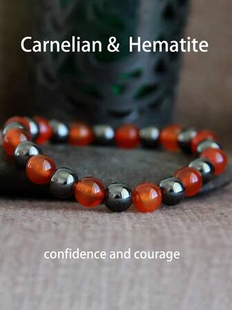 YAUKIA Pulsera de cornalina y hematita - Pulsera de piedras preciosas elástica que brinda valor, confianza y conexión con la tierra - Joyería orgánica y pulsera de cristales curativos